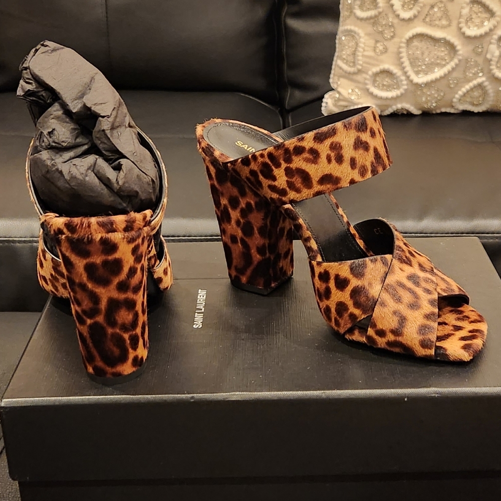 Saint Lauren Oak 100 Pony Spots Mule Sandal Leopard Print Mule 4" Hell Sz 7.5 - Picture 3 of 8